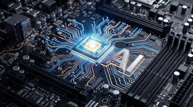 Close up of a futuristic motherboard with glowing AI chip and circuits representing artificial intelligence technology