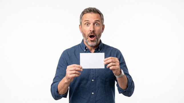 Shocked Man Holding Blank Card With Open Mouth and Wide Eyes Against White Background