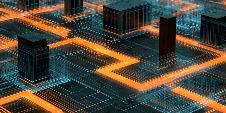 Integrated circuit architecture, abstract digital information multilayer network grid representing data flow, quantum computational systems, virtual infrastructure design. Microprocessor cores, 3D