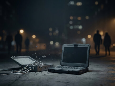 Rugged laptop and damaged device on concrete floor at night