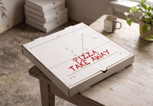 Mockup Template of White Pizza Take away Box on Wooden Table