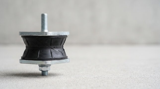 Anti-vibration rubber isolator mount with zinc-plated steel threaded studs and a hex nut, placed on a light gray concrete surface with a bokeh background