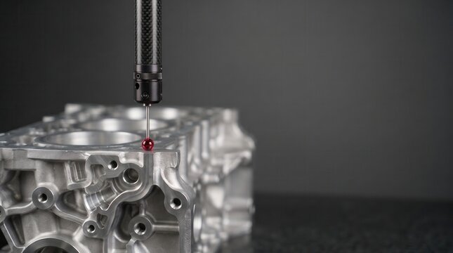 Coordinate measuring machine probe inspecting an engine block in a quality control laboratory, precise industrial metrology and geometric dimensioning