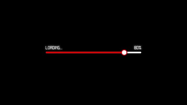 This video features a retro pixel art progress loading bar filling from 1% to 100% with a glowing red status indicator against a solid black background.