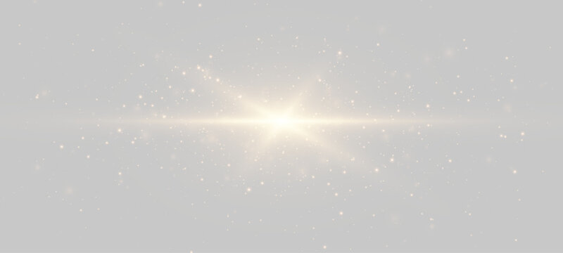 Golden lens flare with bright starburst and horizontal light streak. Glowing optical beam effect with sparkling dust particles on neutral background