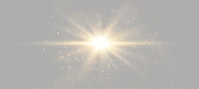 Bright golden lens flare with glowing light rays and sparkle dust. Shining starburst effect with horizontal beam on neutral background. Optical lighting overlay