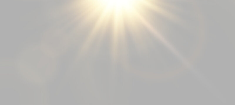 Sunlight lens flare overlay effect from top. Warm sun rays and bright light beam on neutral background. Graphic design illumination element