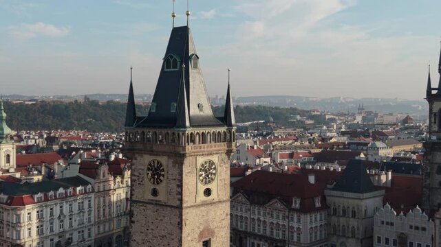 flying clockwise around Old Town Hall view of church in Prague