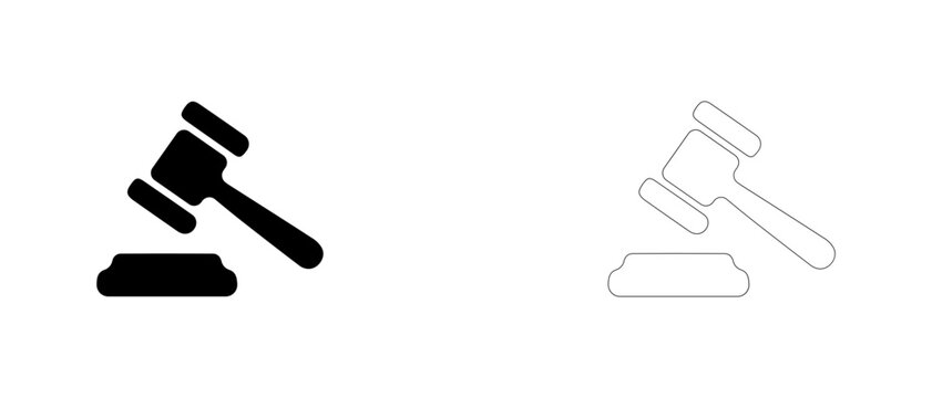 Judge gavel hammer with sound block vector icon filled and outline, court decision and justice symbol.