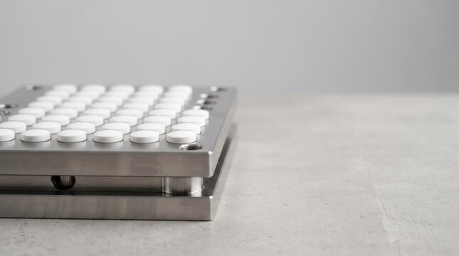 White round pharmaceutical tablets arranged in a metal punch matrix or pill press mold on a grey stone surface during the manufacturing process.