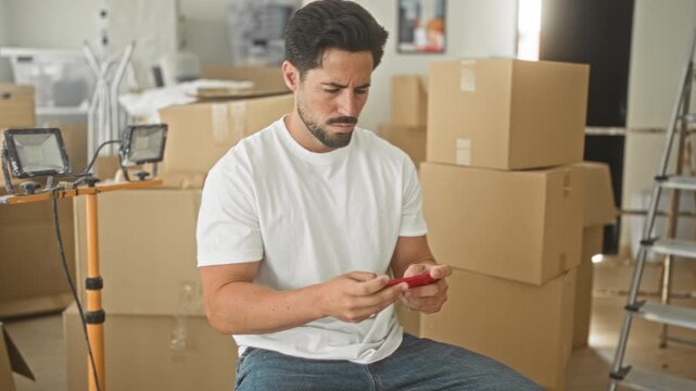 Man holding a red smartphone and tapping screen amid stacked cardboard moving boxes and a ladder in a building; contemplation planning.