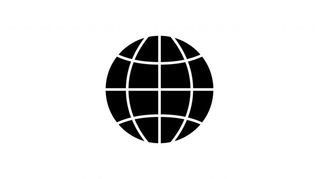 Black globe icon with white grid lines rotates smoothly on a transparent background. Animated texture shows circle and grid lines with rotating.