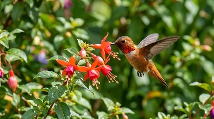 Fototapeta premium Ruby-throated Hummingbird hovering at red Fuchsia blossoms, nature wildlife photo