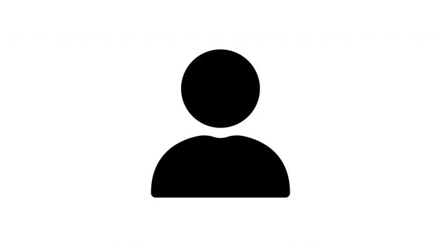 Black user profile silhouette icon smoothly fades in and out on a white transparent background. Animated texture shows silhouette icon and circle with fading.