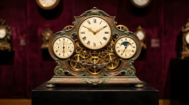 Elaborate antique astronomical clock with multiple dials and exposed green patina brass movement.