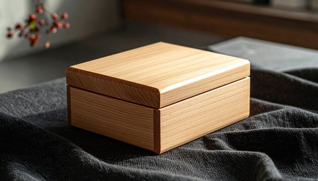 Plain paulownia wooden box on dark linen with soft window light