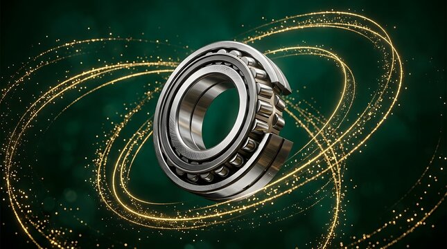 Industrial double row tapered roller bearing showcasing polished chrome steel rollers surrounded by sparkling gold energy rings.