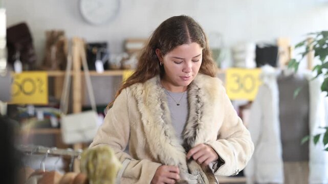 Young woman buyer trying on fur coat in clothing store 