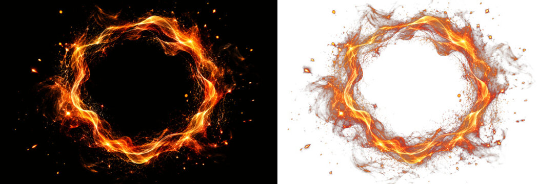 Glowing fire ring frames with orange sparks, circular flame borders on black and white backgrounds, 2 cinematic heat elements for graphic design