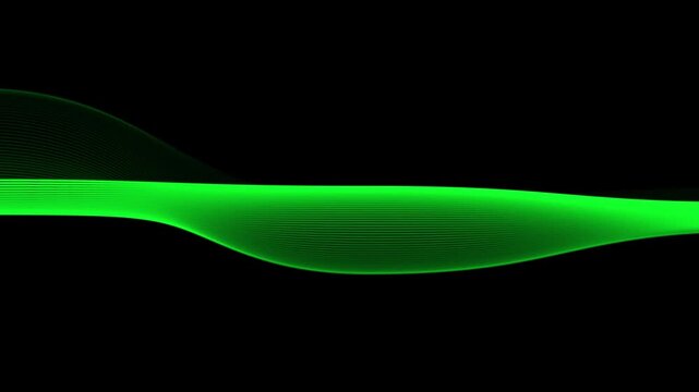Vivid Green Abstract Wave Lines Sweeping Across a Black Background, Creating a Smooth Luminous Motion Graphic with Futuristic Digital Energy