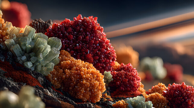 Collection of colorful rare earth minerals, including red, orange, and green crystals, is displayed against blurred background resembling planetary horizon. These minerals are critical resources
