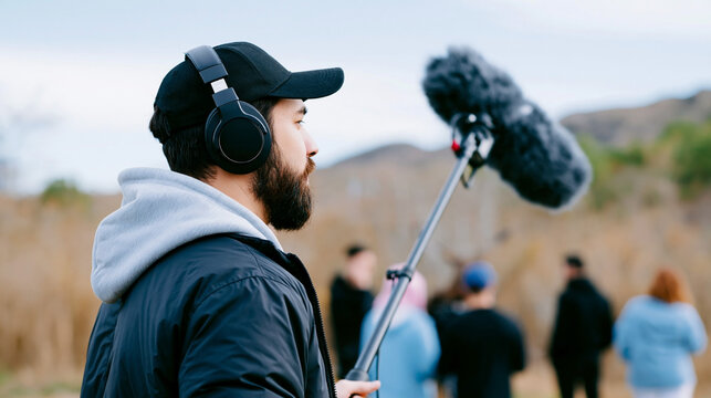 Bearded sound recordist wearing headphones and holding a boom microphone outdoors with blurred people and hills in the background, documentary production scene