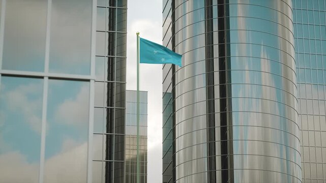 Micronesia Federated States Flag 3D Render Animation on Pole with City Buildings