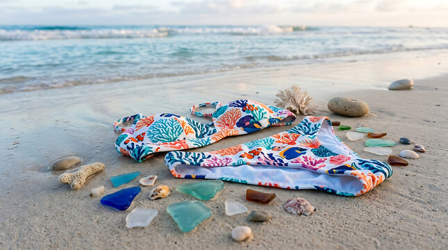 Two-piece swimsuit with aquatic print lying on a sandy beach shore