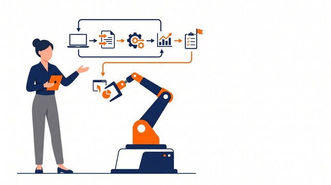 Robotic arm automation and workflow process flat vector illustration