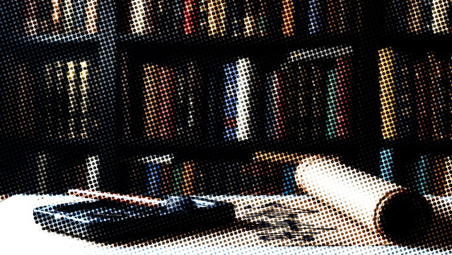 Open book and scroll on table in library with halftone dot pattern style