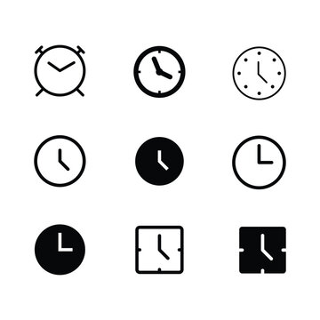 Set of clock and time icons in various black and white designs with alarm clock.