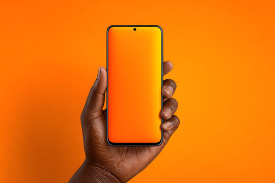 Smartphone moderno con pantalla naranja brillante, Tel&eacute;fono m&oacute;vil en mano sobre fondo naranja, Fondo minimalista con smartphone encendido, Pantalla iluminada de m&oacute;vil en contraste oscuro