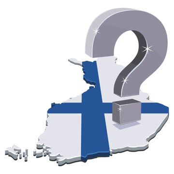 3D illustration symbolizing Finnish political uncertainty, economic questions, decision making, and future dilemma, featuring a question mark on the flag map of Finland (cut out)