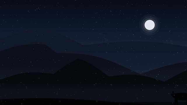 2D flat vector motion graphics of a snowy mountain peak at night with falling snow, mist, and a forward walking snow leopard silhouette.