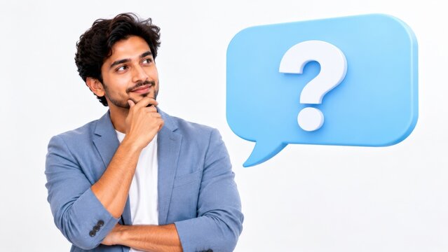 Thoughtful man with hand on chin near blue question mark speech bubble, expressing curiosity and inquiry, office setting.