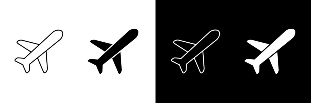 Airplane icon set with aircraft and flight symbols. Air travel and aviation icons for airports, travel services, flight booking and navigation