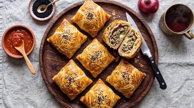 Varaqi Somsa Uzbek Puff Pastry Samsa with Minced Meat Filling, Sesame and Nigella Seeds on Wooden Platter with Tomato Sauce and Tea, Top View