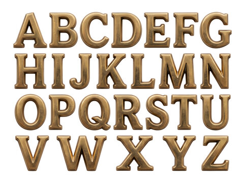 Vintage Brass Alphabet: A complete set of brass alphabet letters, from A to Z, presented in a classic serif font, evoke a sense of timeless elegance and historical charm.