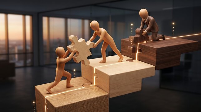 Wooden characters assembling digital puzzle pieces on illuminated steps representing problem solving and strategic teamwork in corporate technology solutions 3d render for business innovation
