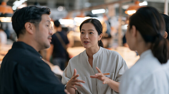 A sign language interpreter in a vibrant covered market explains a product concept to a quality inspection team, name badge catching the light, wide establishing shot showing the