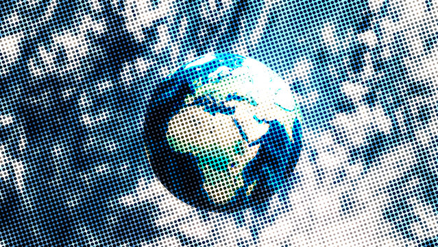 Earth globe floating in space with stylized halftone dot pattern and blue tonal background