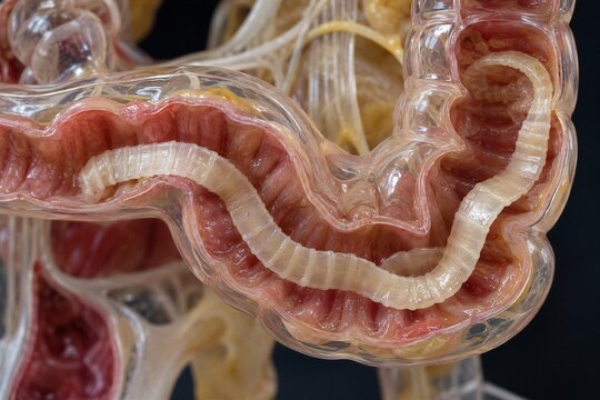 Anatomical model of tapeworm parasite inside human intestine