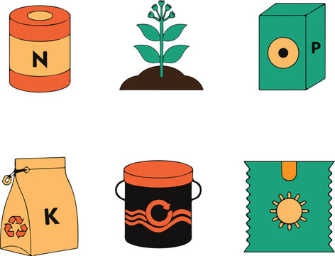 Plant Nutrition and Fertilizer NPK Icons Set with Nitrogen, Phosphorus, Potassium and Sunlight