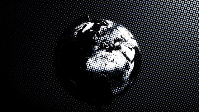 Globe of earth against dark background, with stylized halftone, dot pattern effect