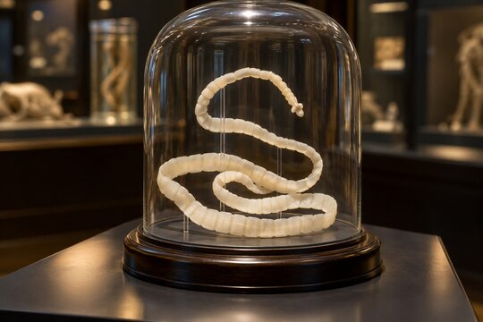 Preserved tapeworm specimen under a glass cloche dome in a museum