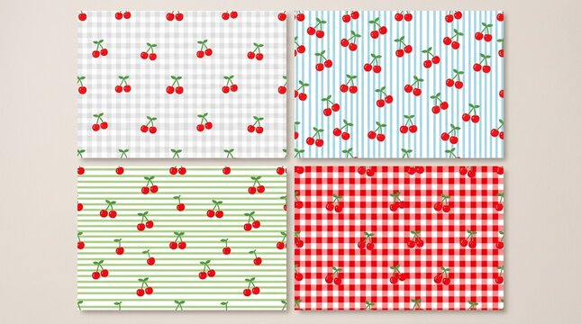 Set of four cute cherry pattern backgrounds retro fruit textile design