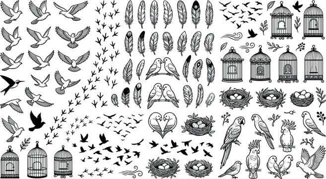 Ornithology and wildlife bird elements collection featuring flying doves parrots cages feathers nests and footprints sketches