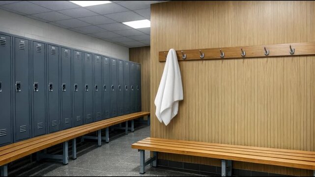 Row of lockers with towels hanging on them