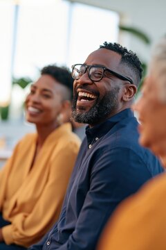 Smiling diverse colleagues collaborating and laughing in a bright modern office meeting during a team workshop for corporate communication materials