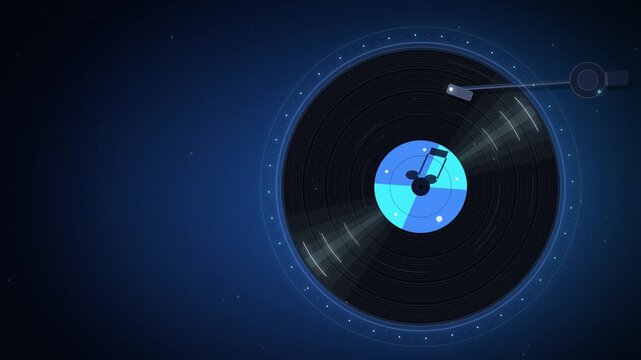 Spinning vinyl record and tonearm with bass drop on dark blue